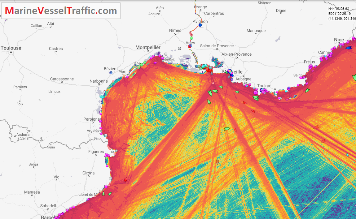 Live Marine Traffic, Density Map and Current Position of ships in GULF OF LION